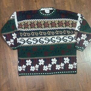 Men's Patterned Crewneck Sweater - Green, Red, White